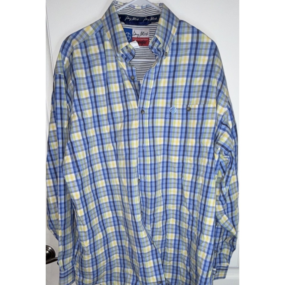 Wrangler Plaid Blue Yellow Cotton Button-Up Shirt George Strait L Long Sleeve L